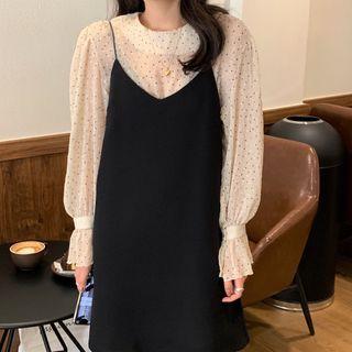 Dotted Long-sleeve Blouse / Plain Spaghetti Strap A-line Dress