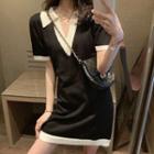 Collared Colorblock V-neck Mini Dress Black - One Size