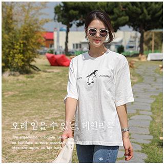 Round-neck Penguin Print T-shirt