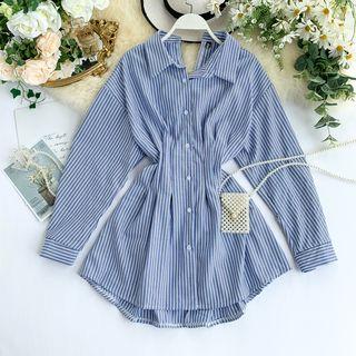 Long-sleeve Striped Shirt Dress Blue - One Size