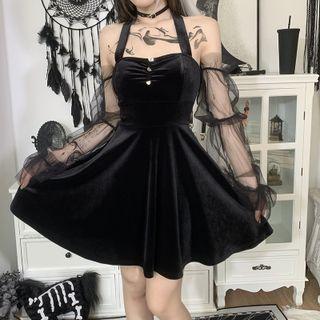 Mesh-sleeve Strappy Mini A-line Dress