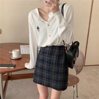 Bear Embroidered Cardigan / Plaid Mini A-line Skirt