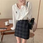 Bear Embroidered Cardigan / Plaid Mini A-line Skirt
