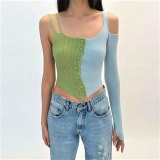 One-shoulder Two-tone Knit T-shirt