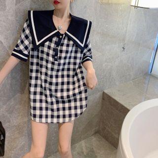 Checker Peter Pan-collar Loose Mini Dress As Figure - One Size