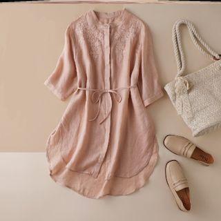 Elbow-sleeve Embroidered Sashed Shirt