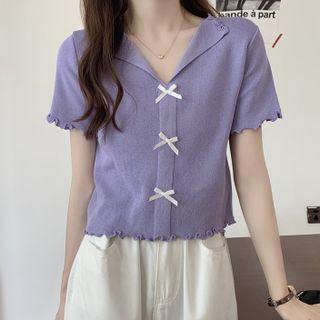 V-neck Wood Ear Trim Short-sleeve Knit Top