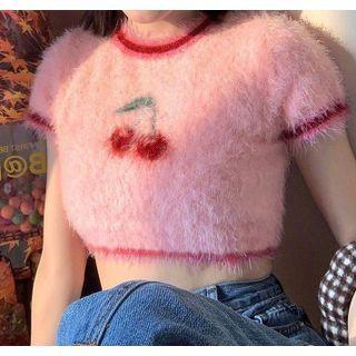 Short-sleeve Cherry Print Crop Knit Top