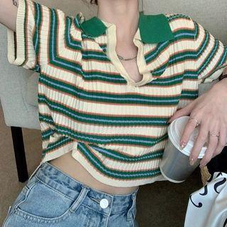Striped Knit Cropped Polo Shirt Stripes - Green - One Size