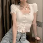 Short-sleeve Scoop Neck Button Front Lace Trim Crop Top