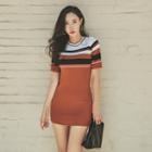 Short-sleeve Stripe Knit Mini Bodycon Dress