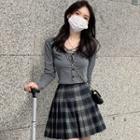Long-sleeve Cross-strap Button-up Crop Top / Plaid Pleated Mini A-line Skirt