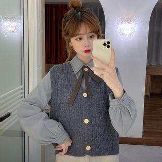Peter Pan Collar Long-sleeve Shirt / Knit Sweater Vest