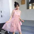 Set: Mesh Short-sleeve A-line Dress + Strappy Dress