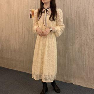 Lantern-sleeve Lace Midi A-line Dress Almond - One Size