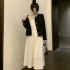 Spaghetti Strap Lace Trim Midi Dress / Long-sleeve Round Neck Jacket