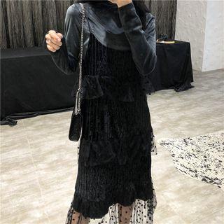 Turtleneck Velvet Long-sleeve Top/ Spaghetti-strap Mesh Panel Midi Dress