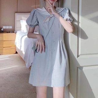 Short-sleeve Sailor Collar Tie-neck Slim Fit Dress
