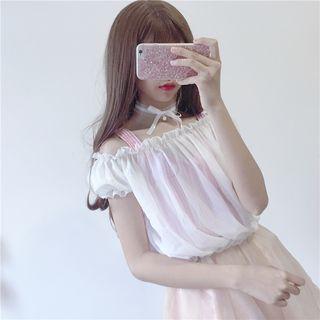 Set: Plaid Tank Top + Plain Off Shoulder Short Sleeve Chiffon Top