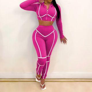 Set: Contrast Trim Long-sleeve Crop Top + Skinny Pants
