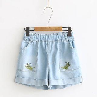 Embroidery Cuffed Denim Shorts