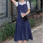Short-sleeve Dotted Blouse / Plaid Midi Overall Dress