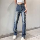 Embroidered Distressed Bootcut Jeans