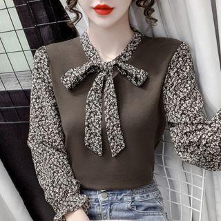Bow-neck Floral Panel Knit Top