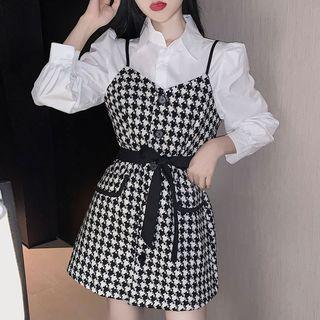 Puff-sleeve Shirt / Houndstooth Overall Dress / Set