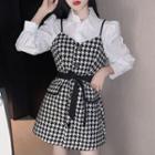 Puff-sleeve Shirt / Houndstooth Overall Dress / Set