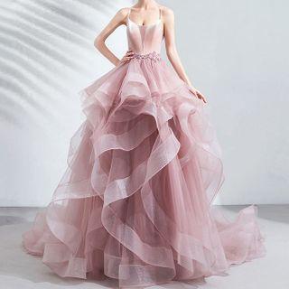Spaghetti Strap Layered Mesh Panel A-line Evening Gown