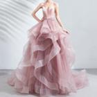 Spaghetti Strap Layered Mesh Panel A-line Evening Gown