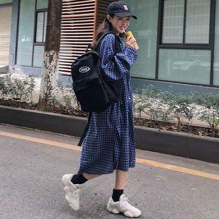 Check Long-sleeve Loose-fit Shirtdress Blue - One Size