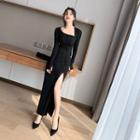 Square-neck Long-sleeve Maxi Sheath Dress
