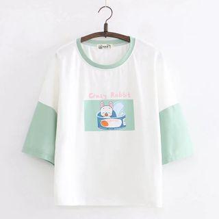 Cartoon Rabbit Print Contrast Color Short-sleeve T-shirt