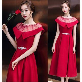 Mesh Panel Short Sleeve Evening Dress