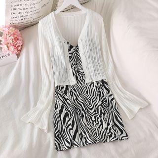 Zebra Print Spaghetti Strap Mini A-line Dress / Cropped Knit Cardigan