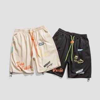 Lettering Drawstring-cuff Shorts