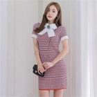 Button-accent Patterned Knit Dress With Bow Brooch