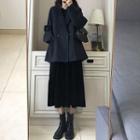 Plain Double-breasted Coat / Long-sleeve Lace Trim Midi A-line Dress / Set