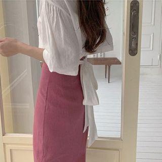 Plain Elbow-sleeve Tie-back Blouse