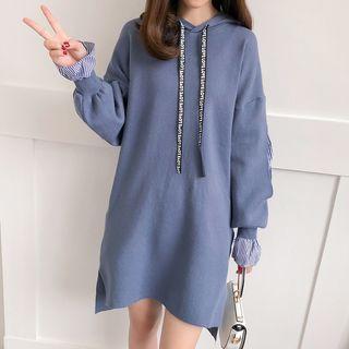 Striped Panel Hooded Long-sleeve Knitted Dress