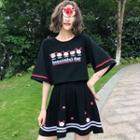 Elbow-sleeve Print T-shirt / Mini A-line Skirt / Set