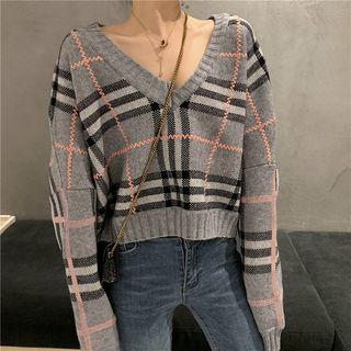 Long-sleeve Plaid Knit Top As Shown In Figure - One Size