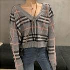 Long-sleeve Plaid Knit Top As Shown In Figure - One Size