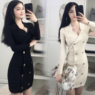 Long-sleeve Double Breasted Mini Knit Sheath Dress