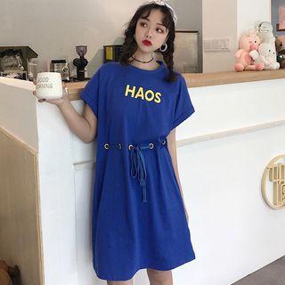 Lettering Short-sleeve Drawcord T-shirt Dress