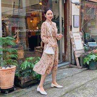 Scarf-neck Midi Floral Chiffon Dress