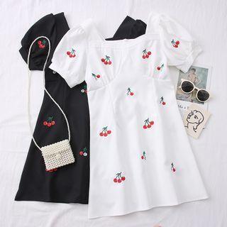 Cherry-print Square-neck Mini Dress