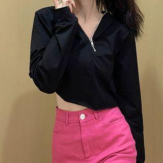 Long-sleeve Half-zip Cropped T-shirt